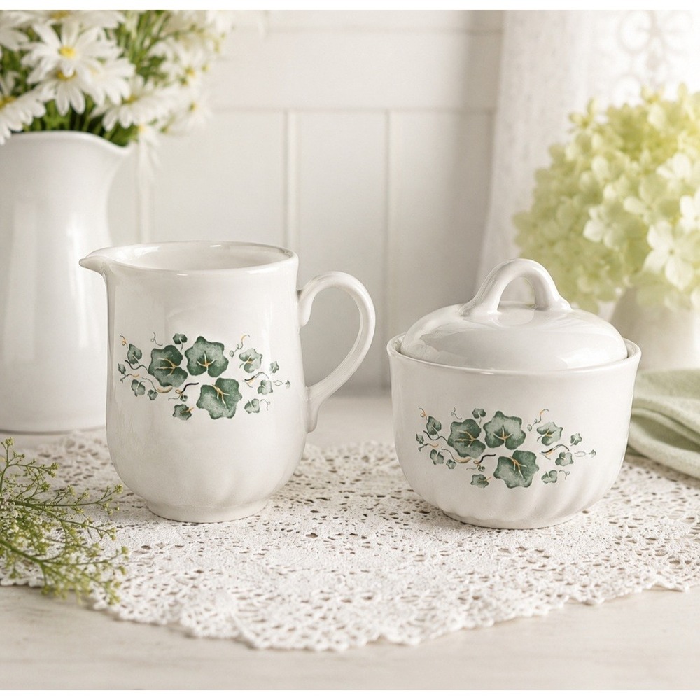 Corelle Coordinates Callaway Creamer & Sugar Bowl Loop Handle Green Ivy Floral